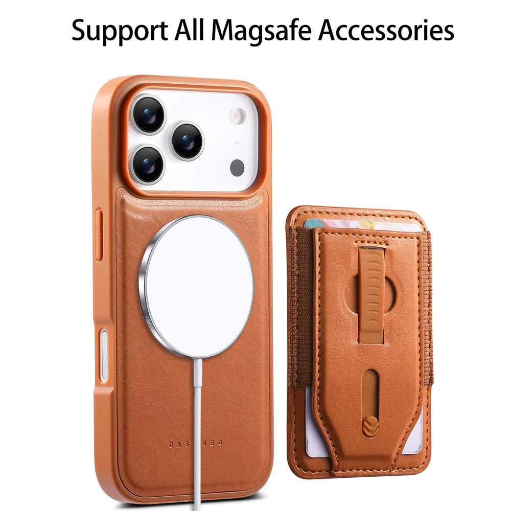 CASENEO For iPhone 17 Pro Max Magnetic Case with Detachable Card Slot TPU PU Leather Silicone Wristband PC Drop-proof Phone Cover Compatible with MagSafe - Brown - 2