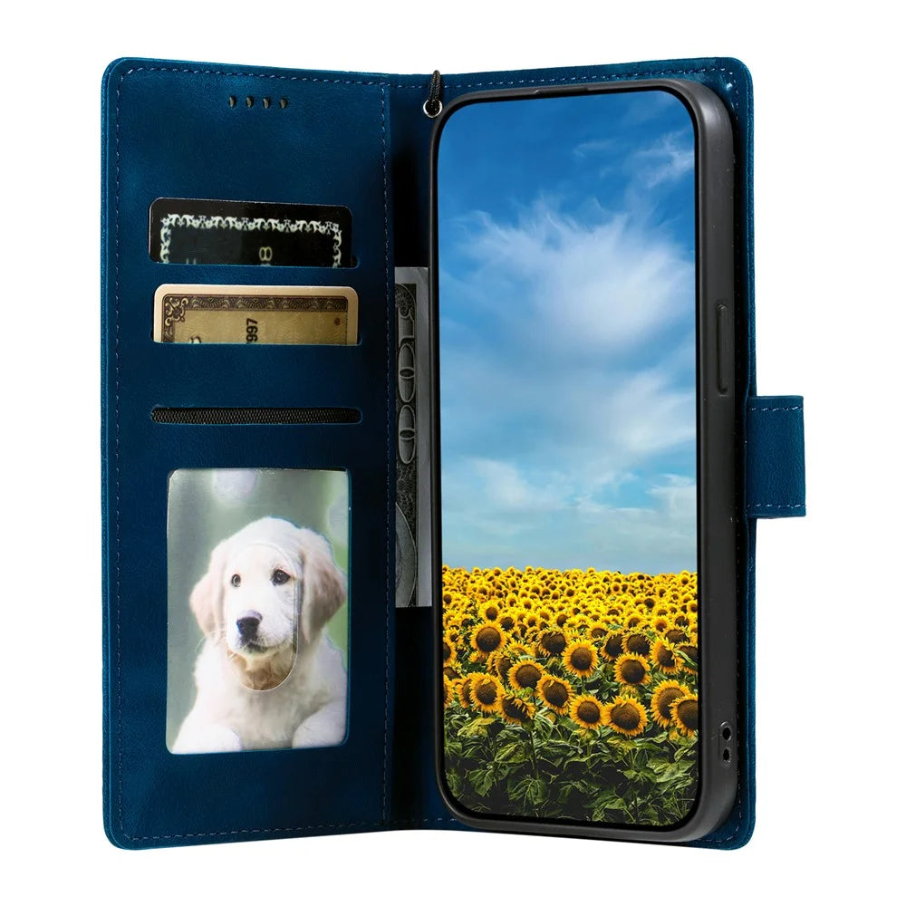 For OnePlus 15R 5G Case Imprinted Totem Skin Feel Wallet Leather Phone Cover with Hand Strap - Blue - 2