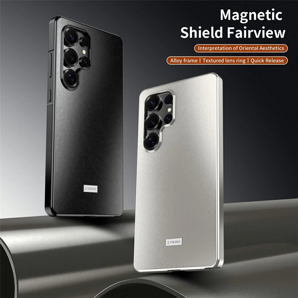For Samsung Galaxy S25 Ultra Case Brocade Texture Anti Drop Alloy Magnetic Frame PC Phone Back Cover - Titanium - 2
