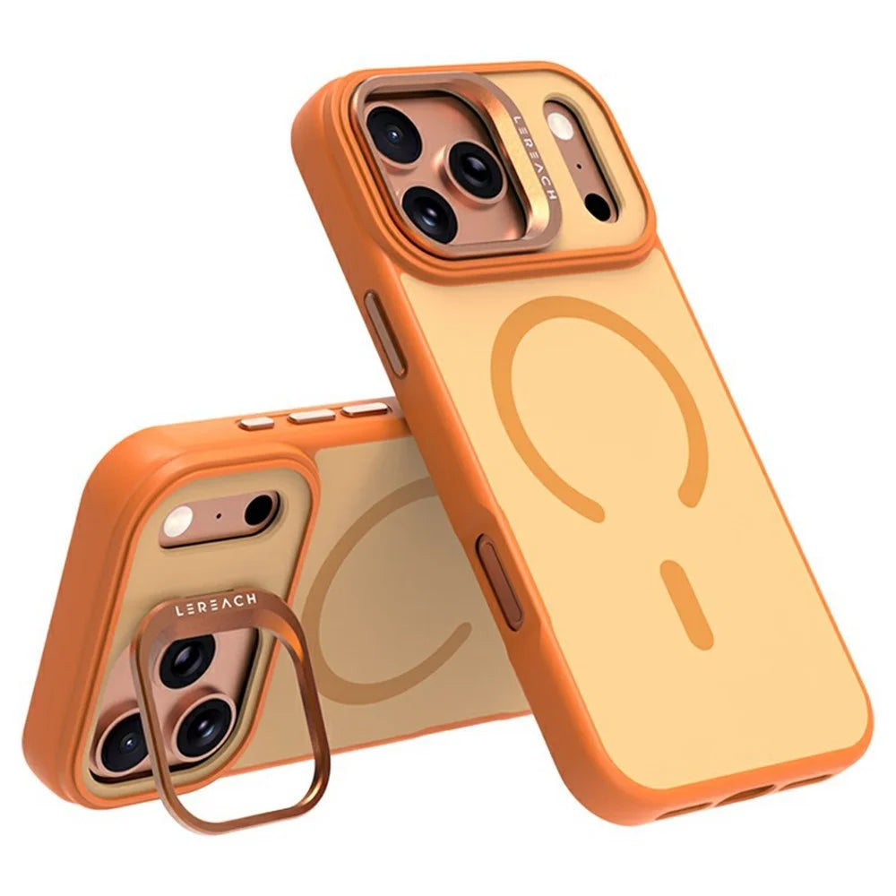 LEREACH Le-Luser Series For iPhone 17 Pro Max Case Compatible with MagSafe Metal Lens Kickstand TPU PC Phone Cover - Orange - 1