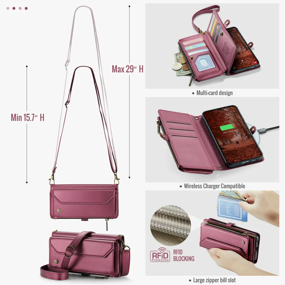 CASEME For Samsung Galaxy S26 Leather Case  C36 Zipper 10 Card Slots Phone Cover with Straps - Red - 3