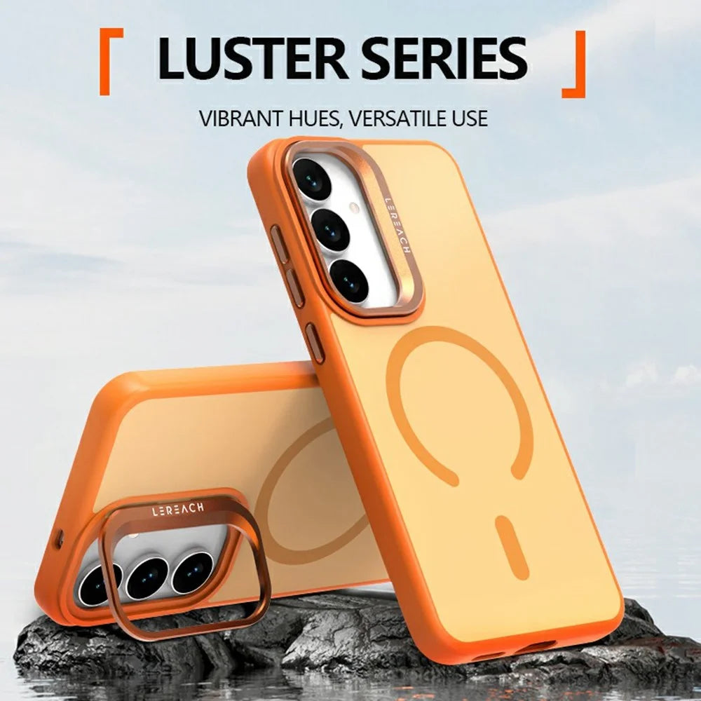 LEREACH Le-Luser Series For Samsung Galaxy S25 FE Magnetic Case Metal Lens Kickstand TPU PC Phone Cover - Orange - 6