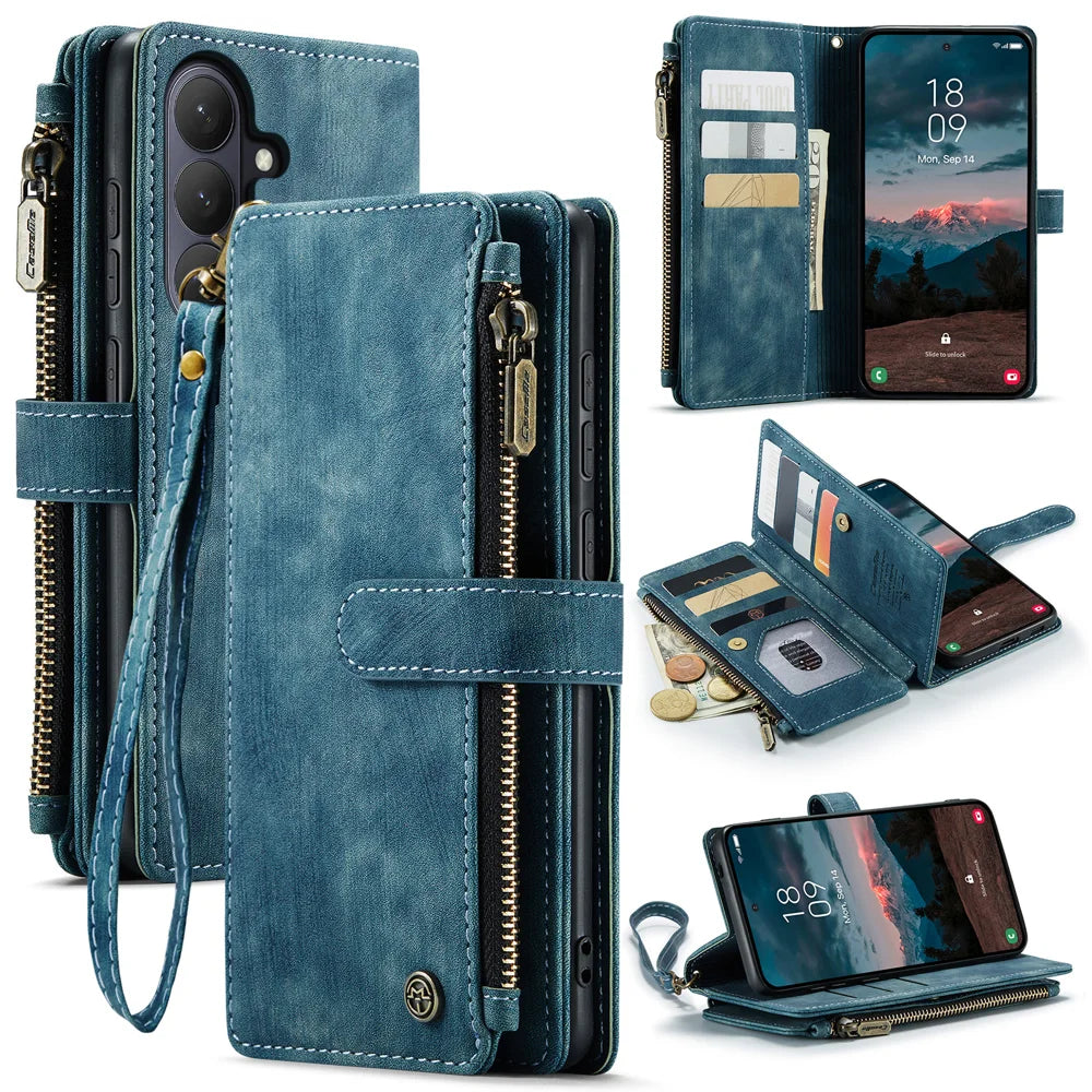 CASEME For Samsung Galaxy S26+ Phone Cases with Strap  C30 Zipper Multiple Card Holder PU Leather Cover - Blue - 1