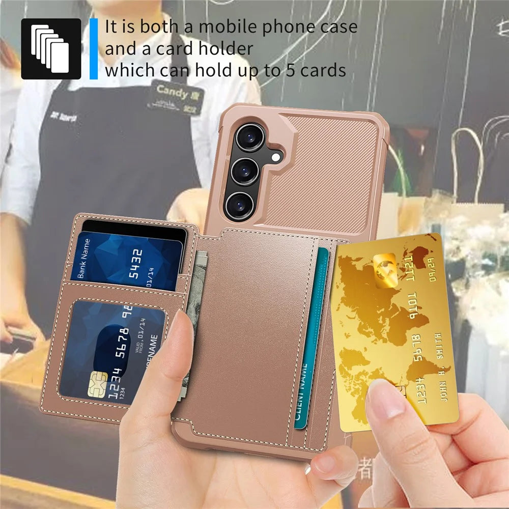 For Samsung Galaxy S25 FE Case with Card Holder PU Leather + TPU Phone Back Cover - Pink - 5