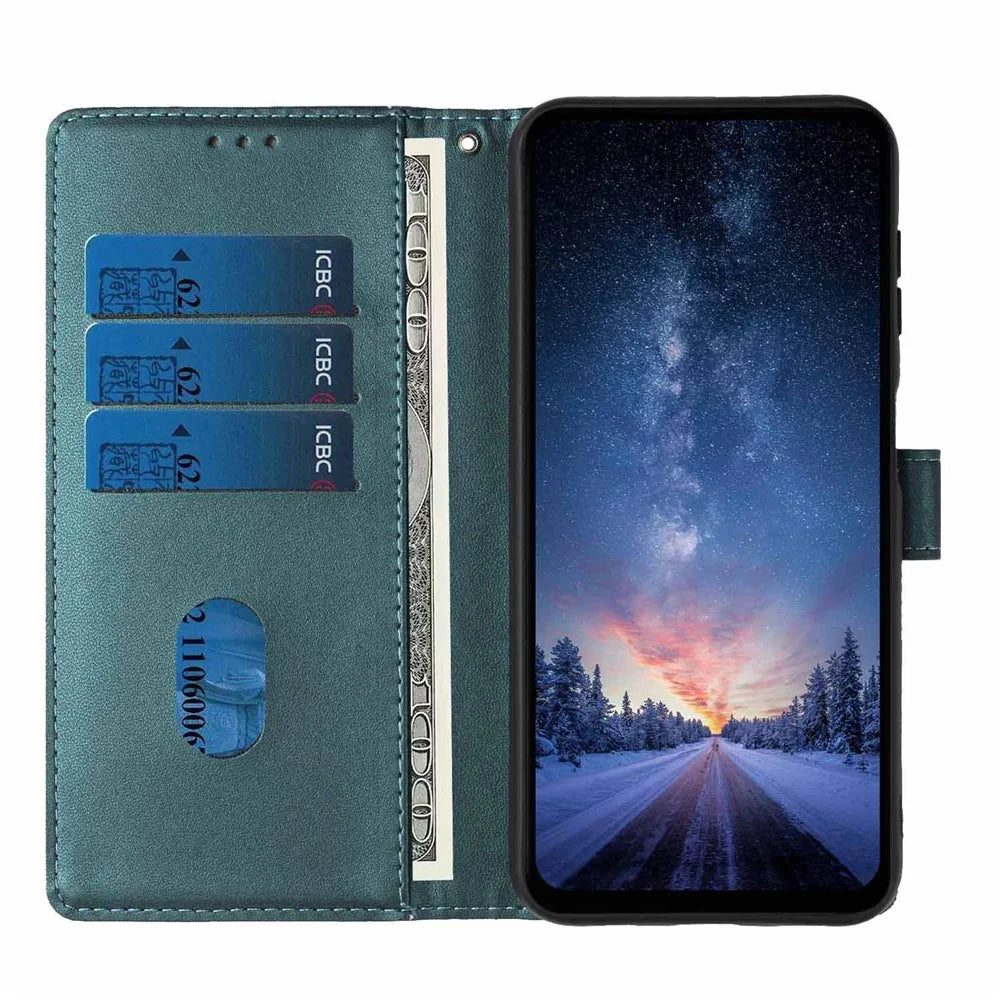 Stand Case For Samsung Galaxy A08 5G / A08 4G / A07 4G Tree-and-Cat Pattern PU Leather Wallet Protective Phone Cover with Wrist Strap - Blackish Green - 2