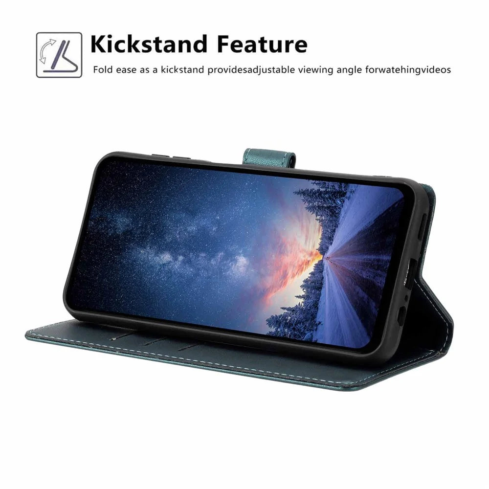 Stand Case For Samsung Galaxy A08 5G / A08 4G / A07 4G Tree-and-Cat Pattern PU Leather Wallet Protective Phone Cover with Wrist Strap - Blackish Green - 3