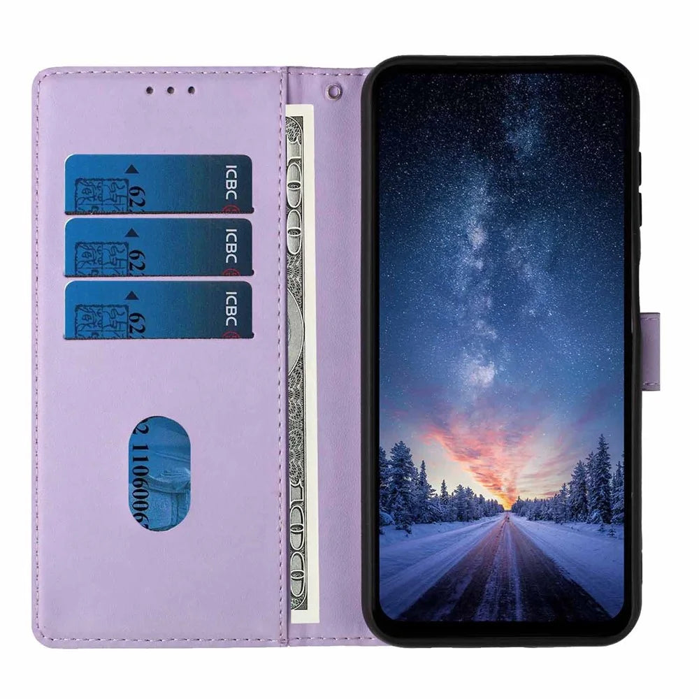 For Samsung Galaxy A57 5G Stand Case Tree-and-Cat Pattern PU Leather Wallet Protective Phone Cover with Wrist Strap - Purple - 2