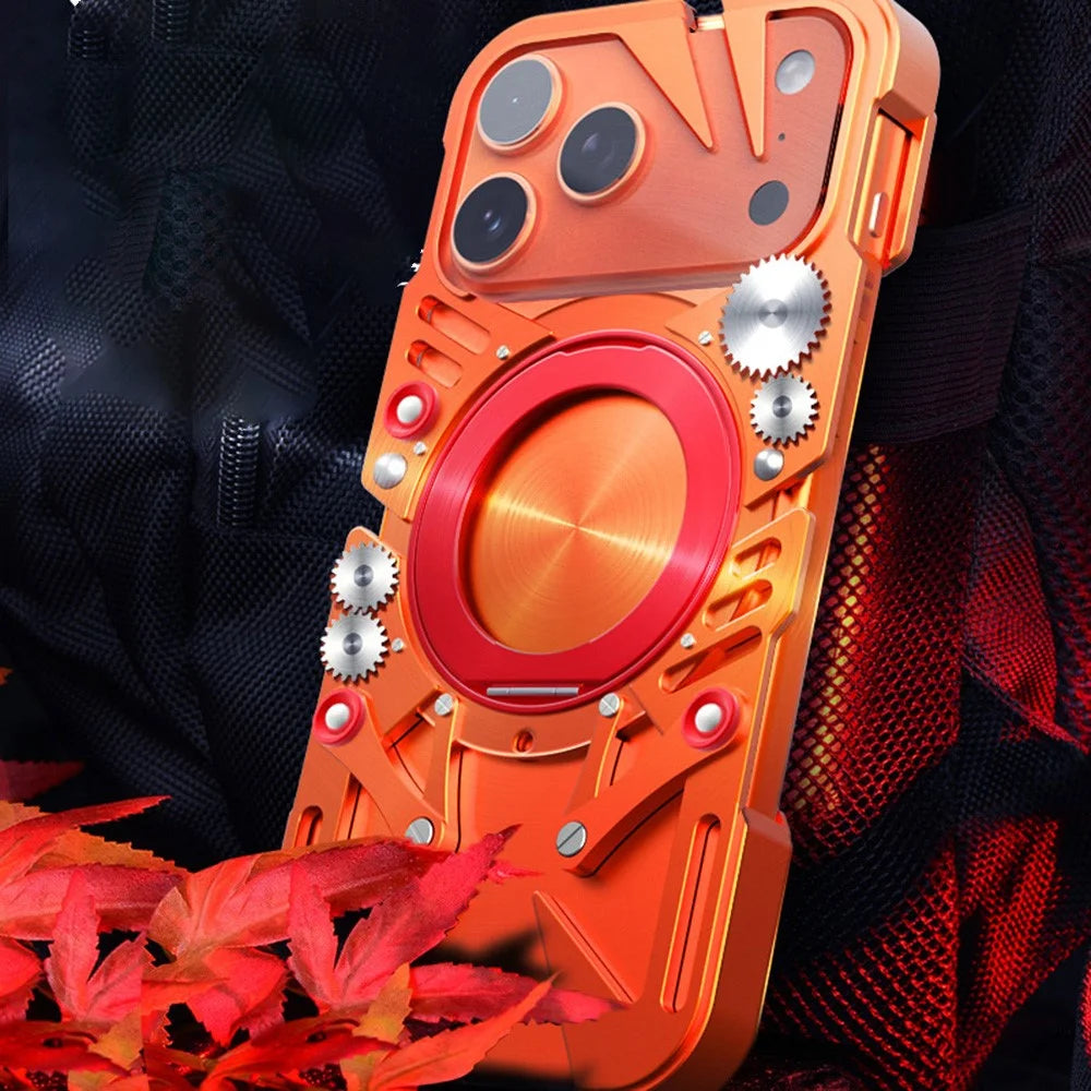 For iPhone 17 Pro Max Bumper Case Kickstand Aluminum Alloy Magnetic Phone Cover with Wrist Strap Compatible with MagSafe - Orange - 2