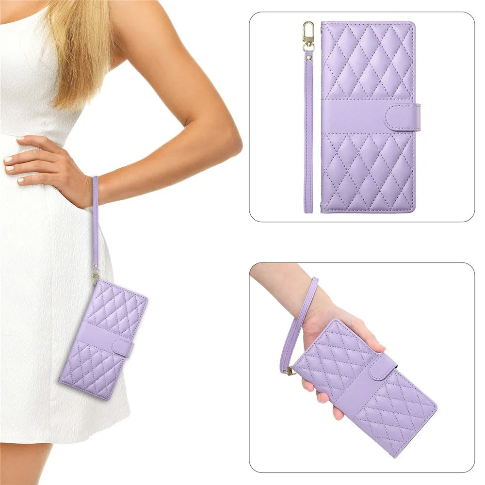 For Realme C85 Pro 4G Wallet Case Rhombus Stitching Stand Leather Phone Cover with Long  /  Short Strap - Purple - 6