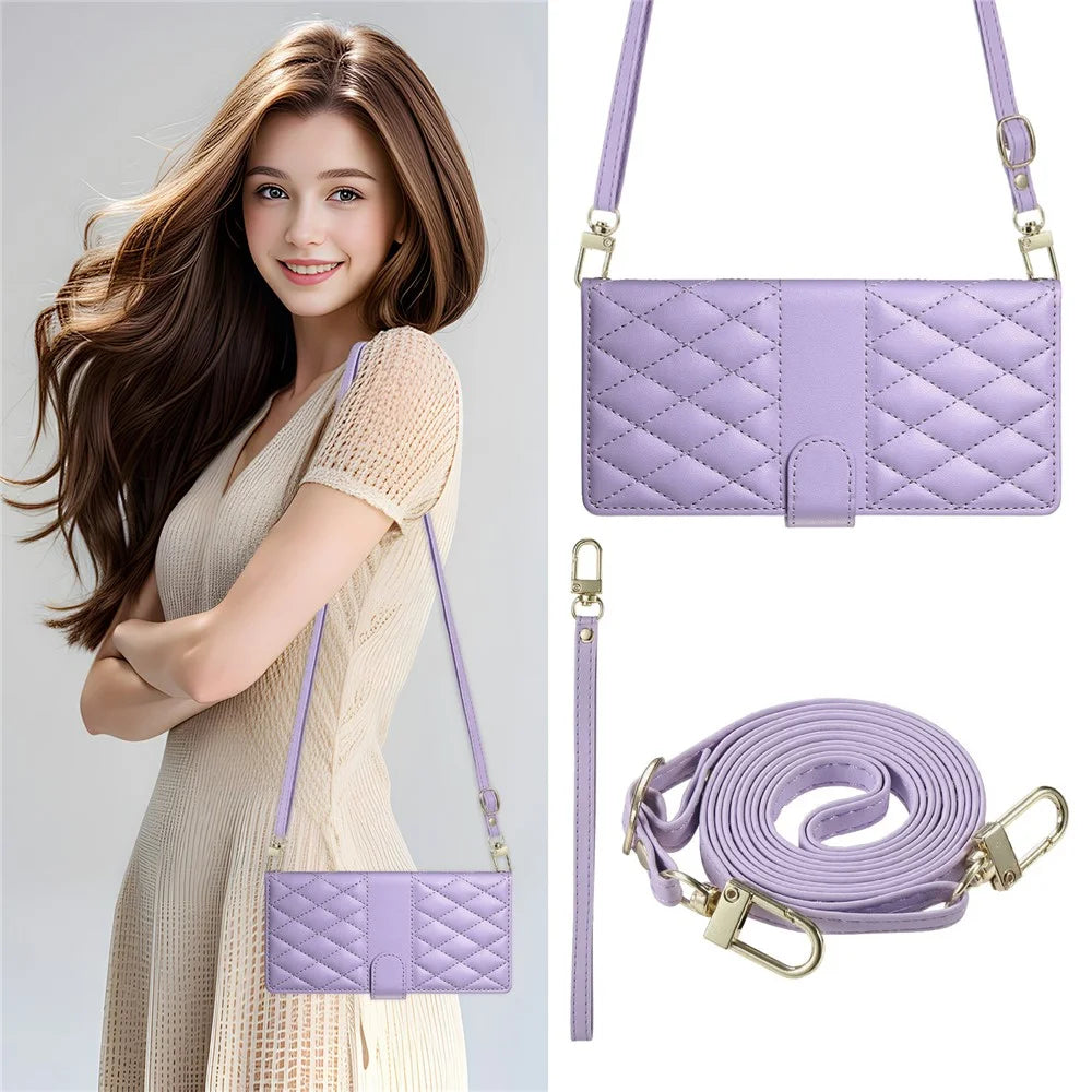 For Realme C85 Pro 4G Wallet Case Rhombus Stitching Stand Leather Phone Cover with Long  /  Short Strap - Purple - 7