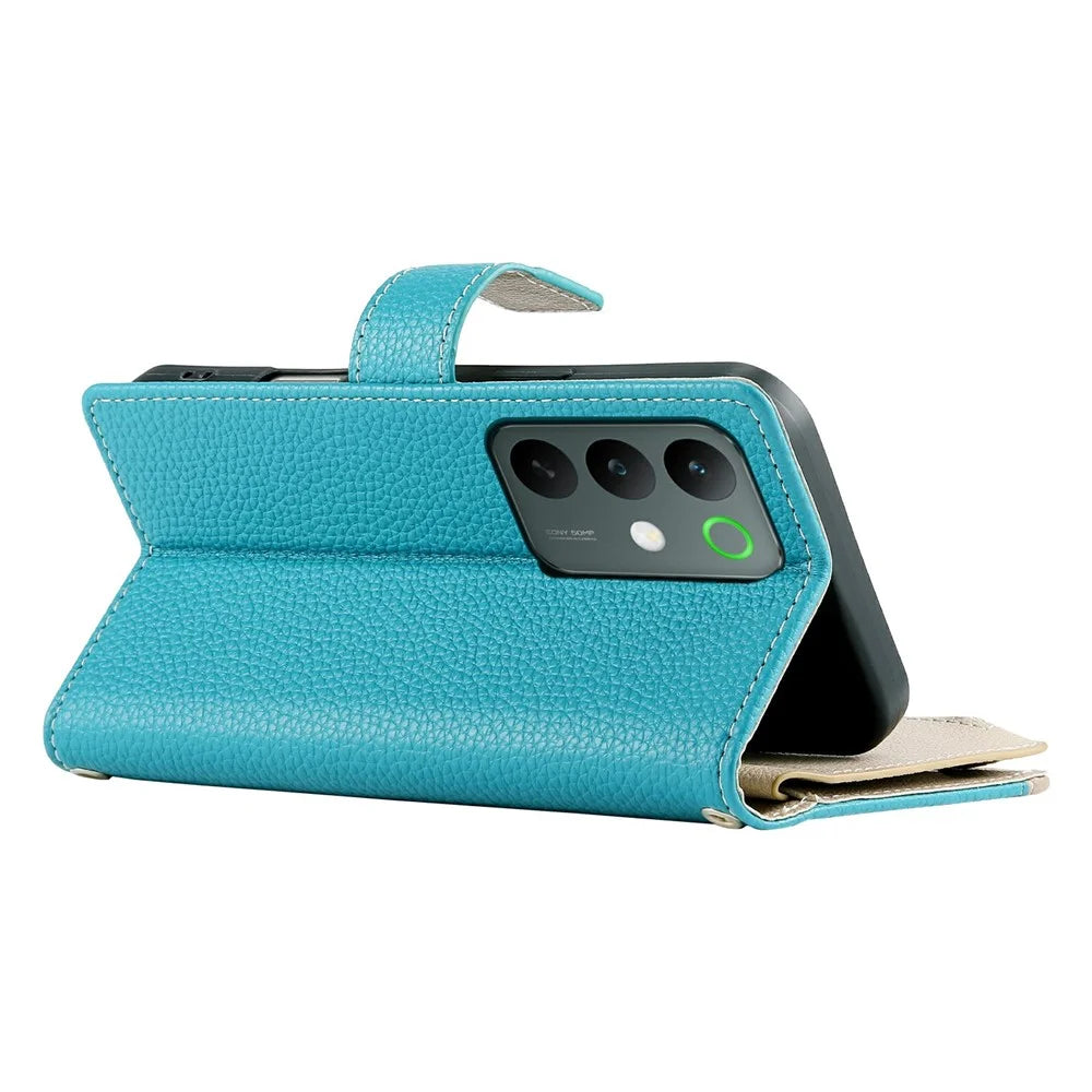 For Realme C85 5G Case Zipper Wallet Color Splicing Leather Flip Phone Cover with Straps - Lake Blue - 3