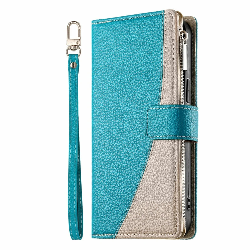 For Realme C85 5G Case Zipper Wallet Color Splicing Leather Flip Phone Cover with Straps - Lake Blue - 4