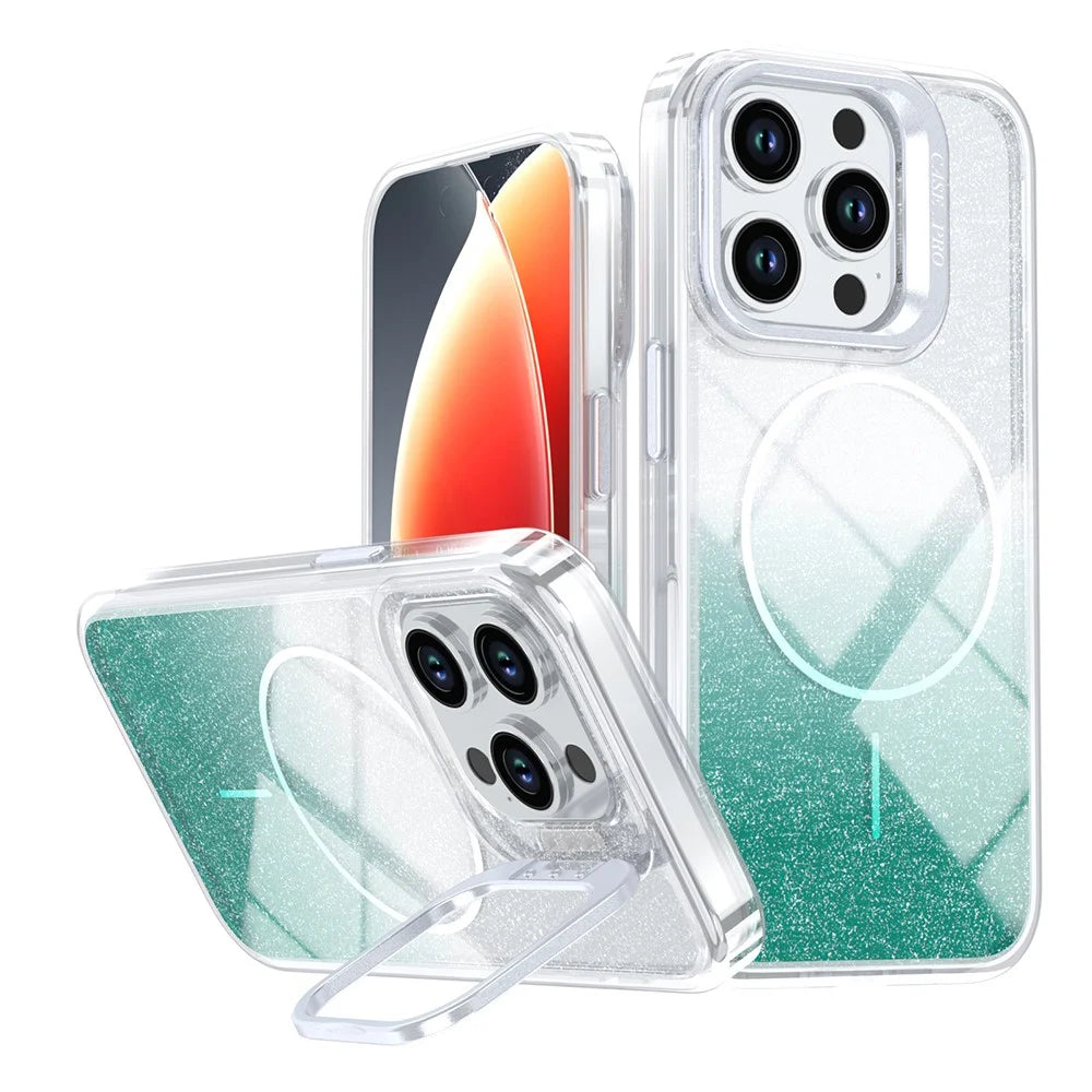 For iPhone 14 Pro Max Magnetic Case Gradient Glitter Shockproof TPU PC Phone Cover Compatible with MagSafe - Lake Green - 1