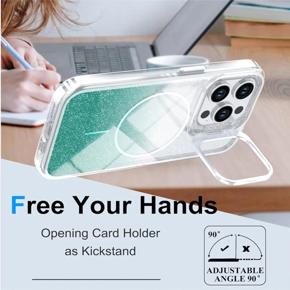 For iPhone 14 Pro Max Magnetic Case Gradient Glitter Shockproof TPU PC Phone Cover Compatible with MagSafe - Lake Green - 4