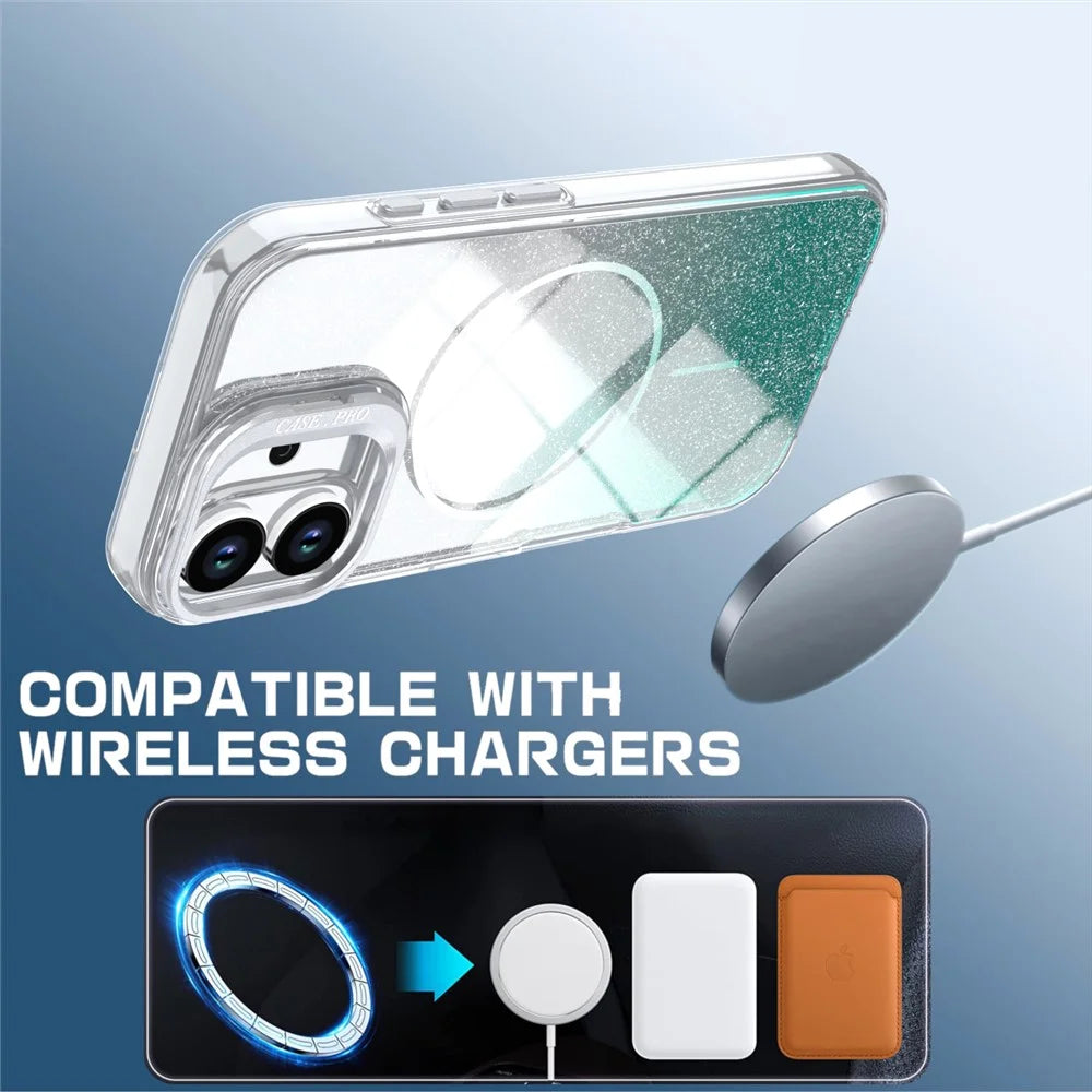For iPhone 17 Magnetic Case Gradient Glitter Shockproof TPU PC Phone Cover Compatible with MagSafe - Lake Green - 3