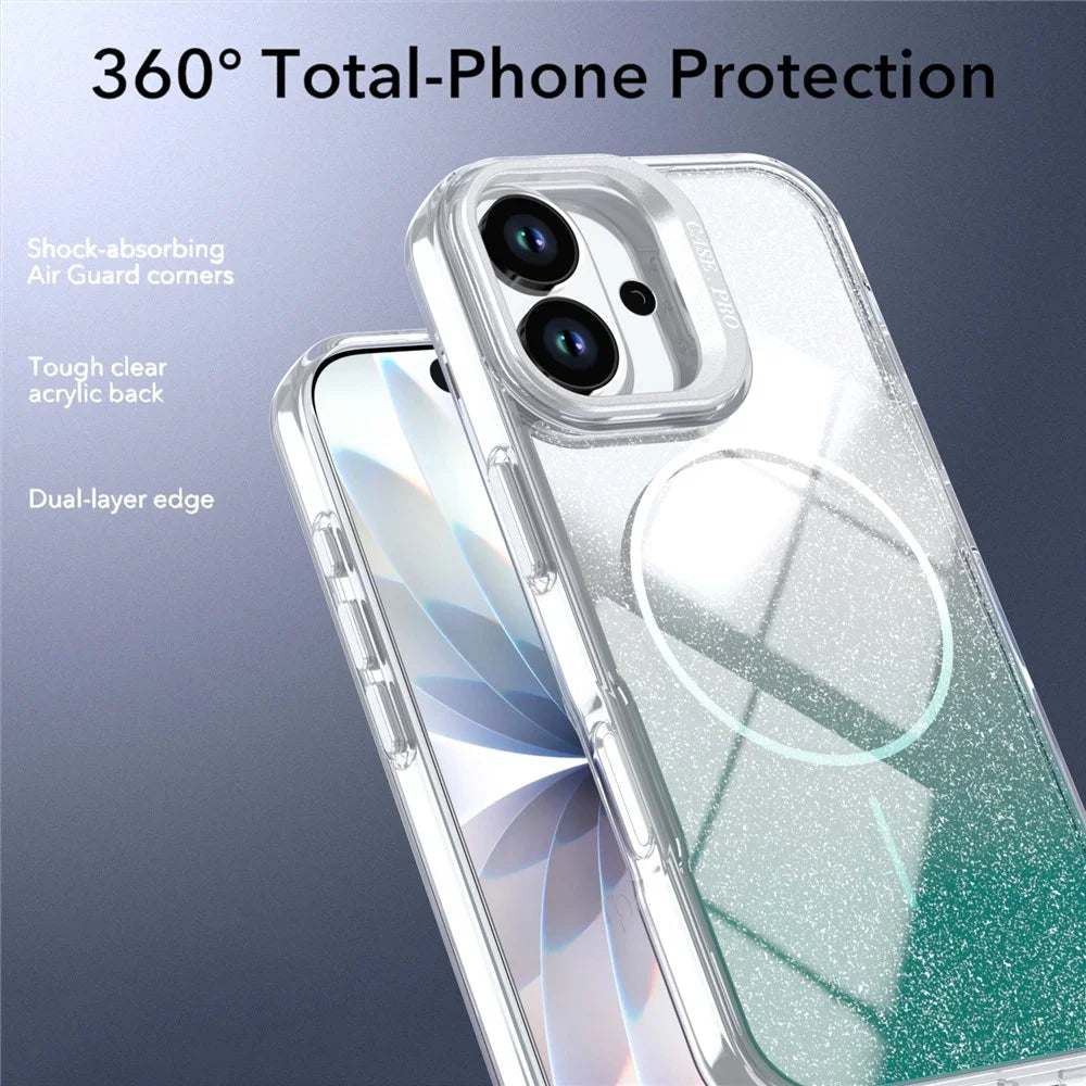 For iPhone 17 Magnetic Case Gradient Glitter Shockproof TPU PC Phone Cover Compatible with MagSafe - Lake Green - 5