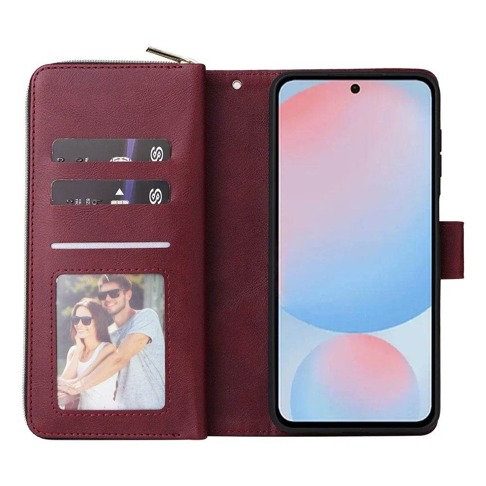 For Samsung Galaxy A57 5G Case Zipper Pocket 9 Card Slots PU Leather Phone Cover with Hand Strap - Wine Red - 2