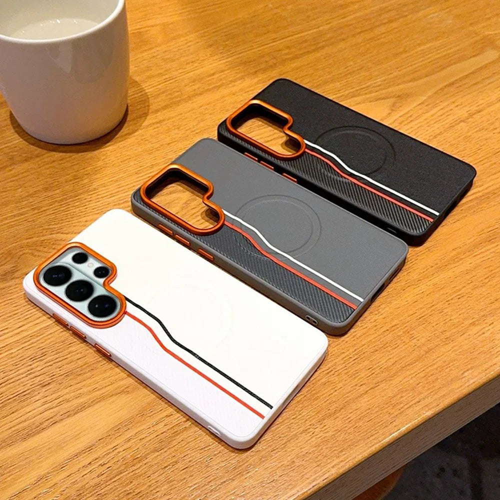 For Samsung Galaxy S26 Ultra Magnetic Case Dual Color Line Leather Coated PC + TPU Phone Cover - White - 5