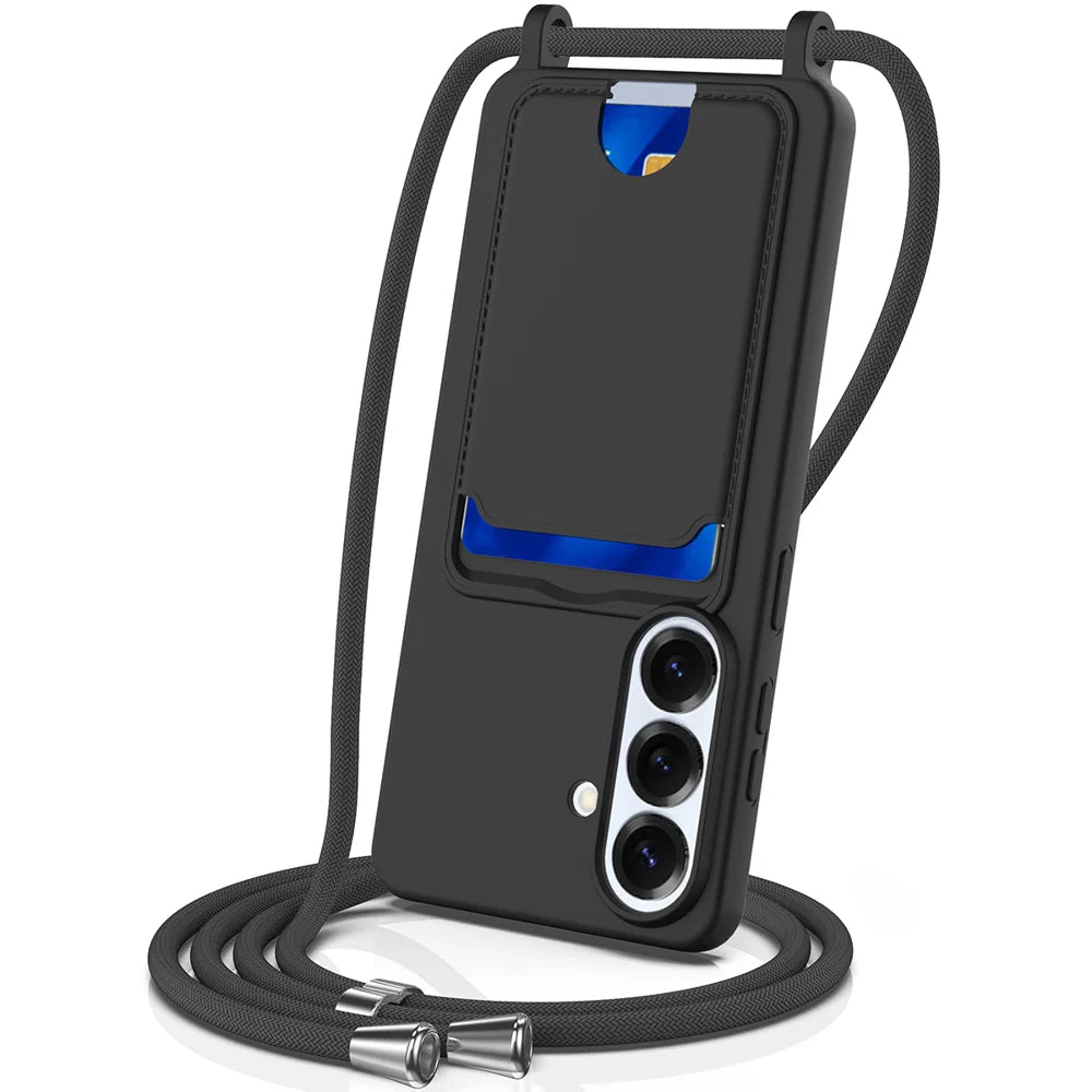 For Samsung Galaxy S26 Case Liquid Silicone Card Holder Back Phone Cover with Lanyard - Black - 1