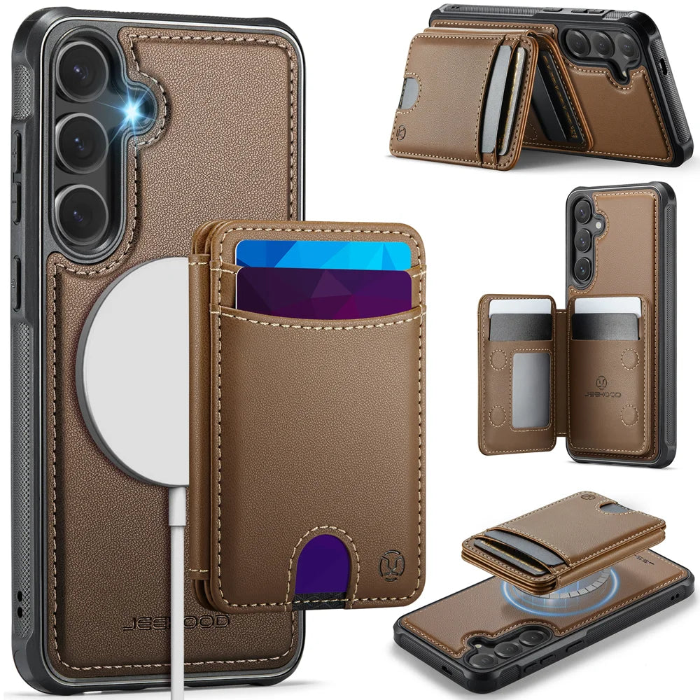 JEEHOOD For Samsung Galaxy S26 Magnetic Case  J10 Leather Back Phone Cover with Detachable Card Holder Kickstand - Brown - 1