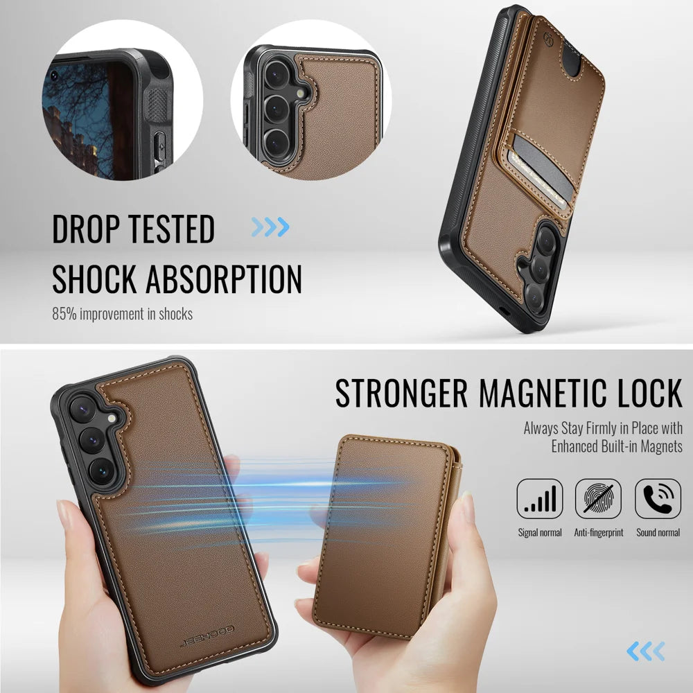 JEEHOOD For Samsung Galaxy S26 Magnetic Case  J10 Leather Back Phone Cover with Detachable Card Holder Kickstand - Brown - 3