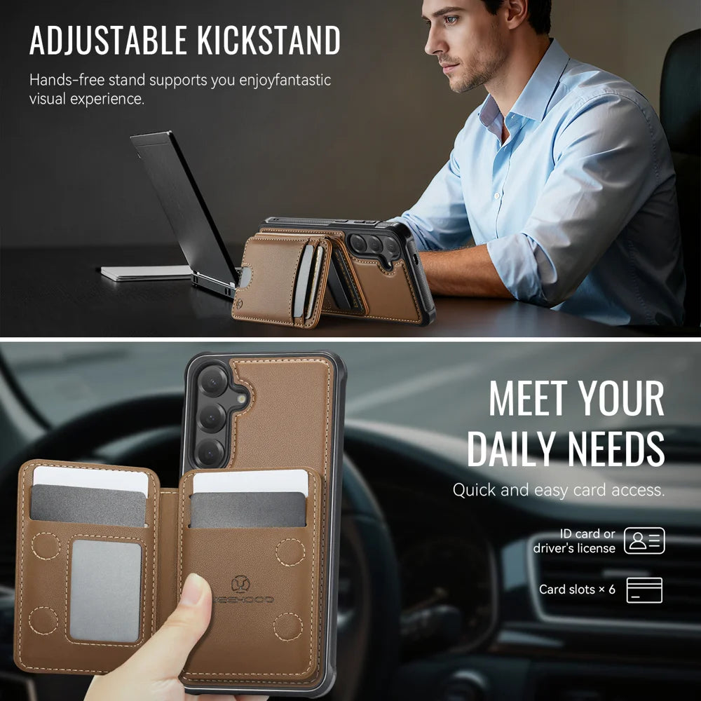 JEEHOOD For Samsung Galaxy S26 Magnetic Case  J10 Leather Back Phone Cover with Detachable Card Holder Kickstand - Brown - 4