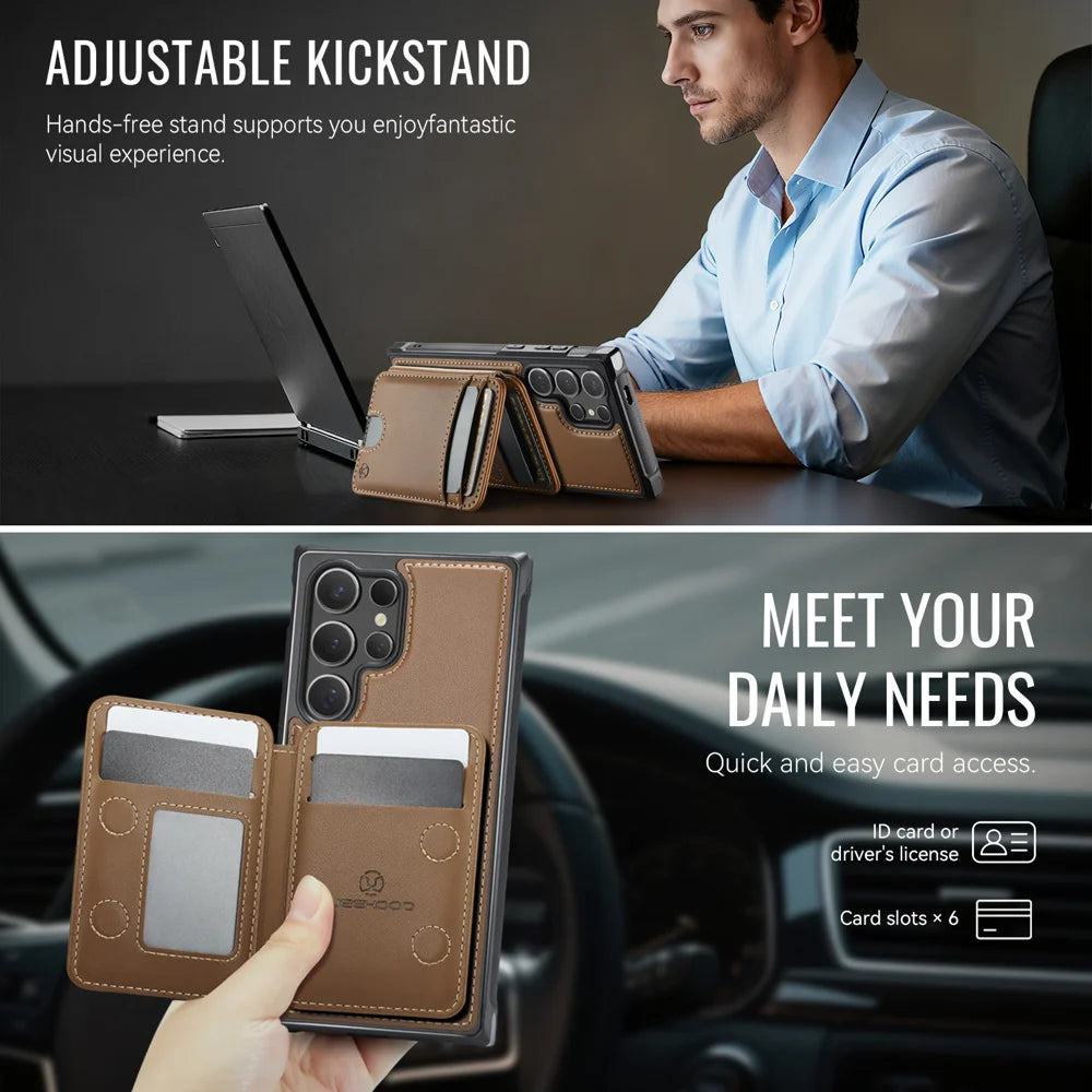 JEEHOOD For Samsung Galaxy S26 Ultra Magnetic Case  J10 Leather Back Phone Cover with Detachable Card Holder Kickstand - Brown - 4