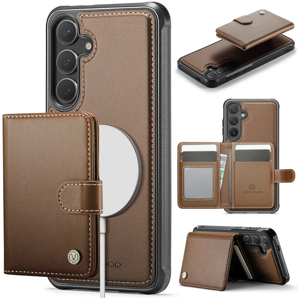 JEEHOOD For Samsung Galaxy S26 Magnetic Case  J09 RFID Blocking Card Holder Leather Back Phone Cover - Brown - 1
