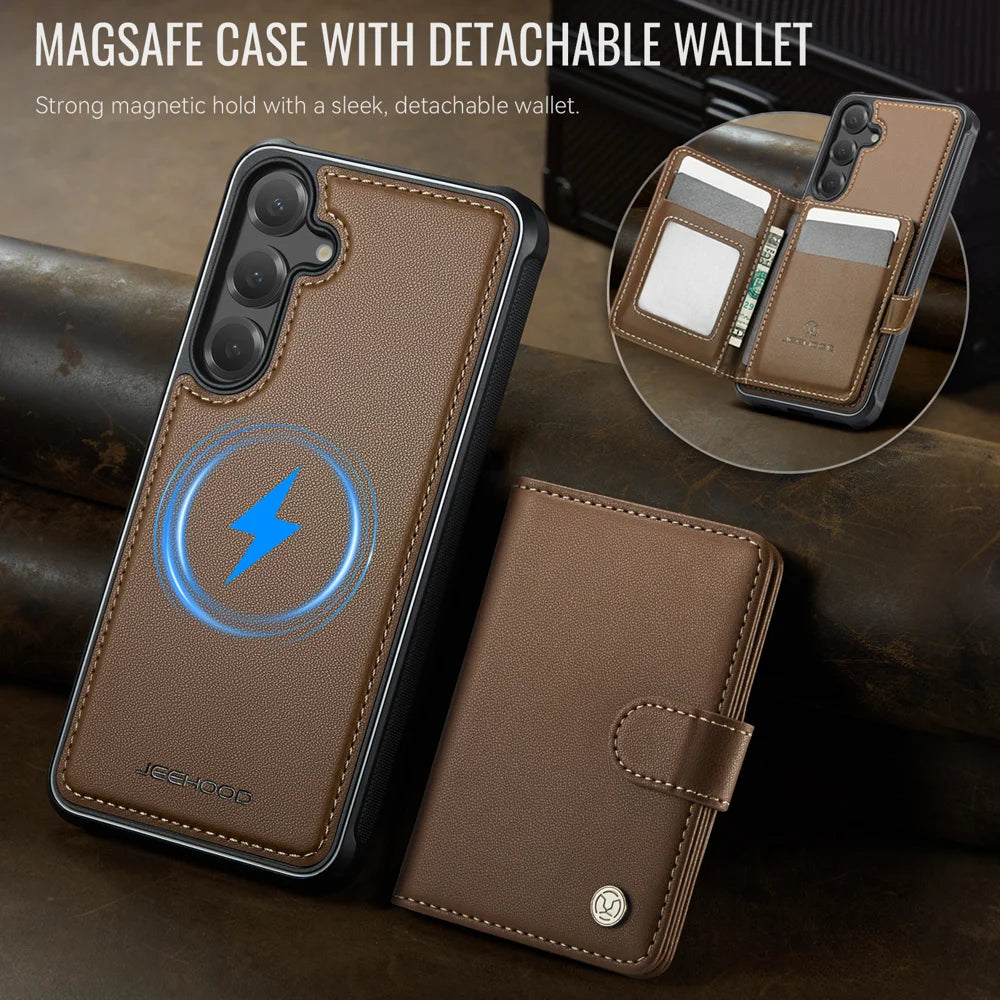 JEEHOOD For Samsung Galaxy S26 Magnetic Case  J09 RFID Blocking Card Holder Leather Back Phone Cover - Brown - 3
