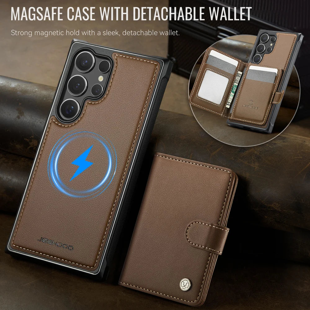 JEEHOOD For Samsung Galaxy S26 Ultra Magnetic Case  J09 RFID Blocking Card Holder Leather Back Phone Cover - Brown - 3