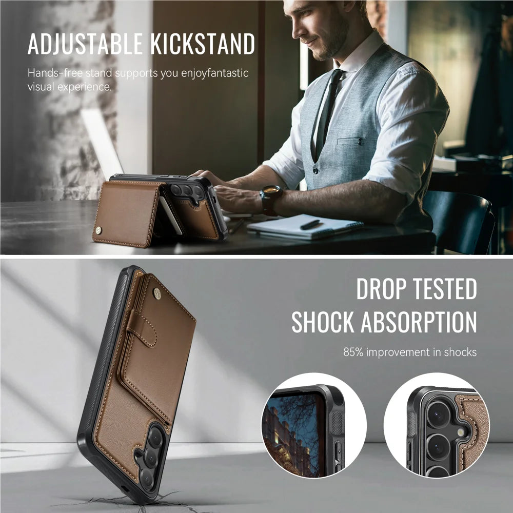 JEEHOOD For Samsung Galaxy S26+ Magnetic Case  J09 RFID Blocking Card Holder Leather Back Phone Cover - Brown - 5