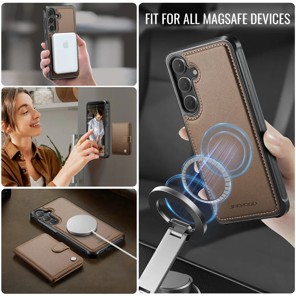 JEEHOOD For Samsung Galaxy S26+ Magnetic Case  J09 RFID Blocking Card Holder Leather Back Phone Cover - Brown - 6