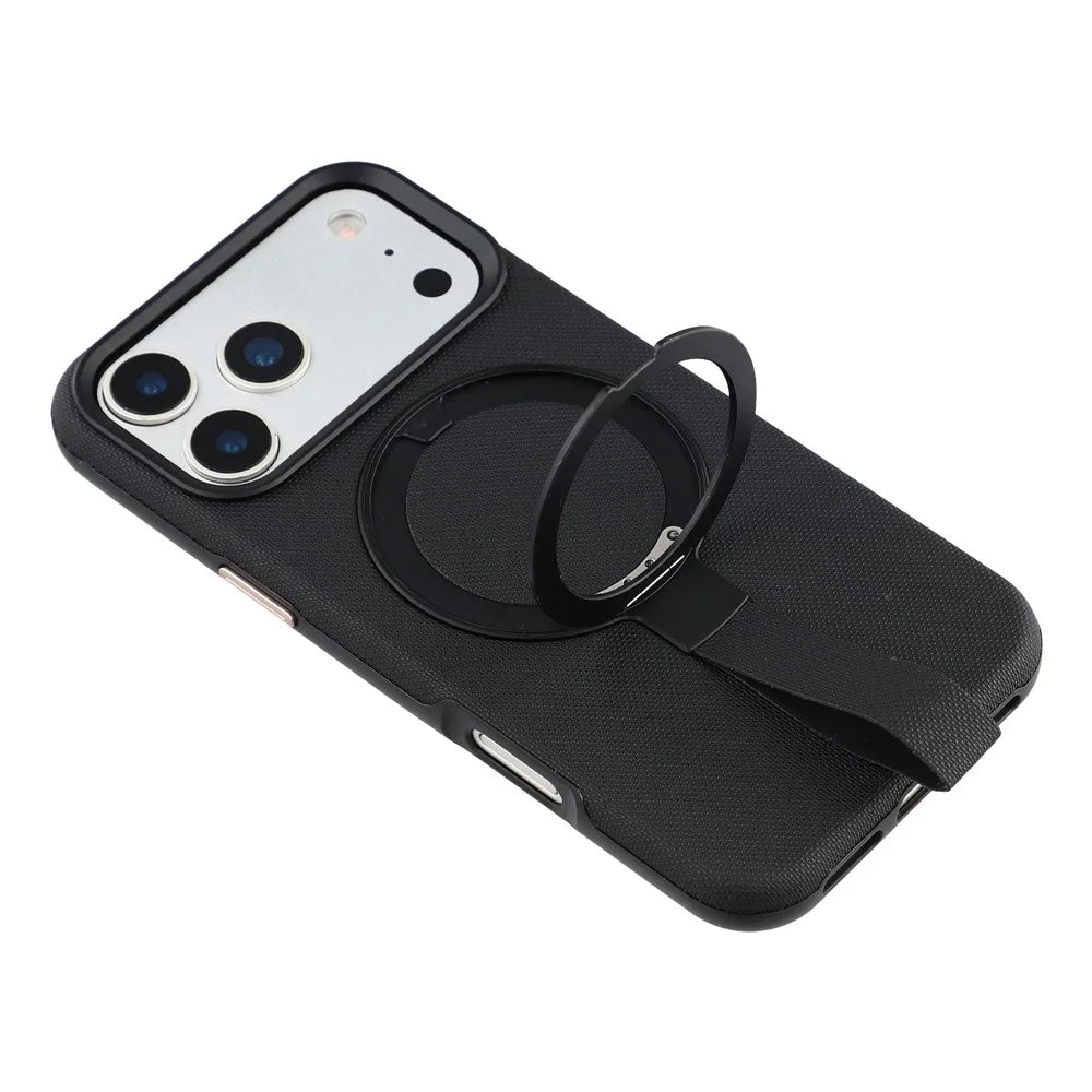 KIGC For iPhone 17 Pro Max Case Compatible with MagSafe Rotating Kickstand Wristband Woven Texture PC Phone Cover - Black - 5