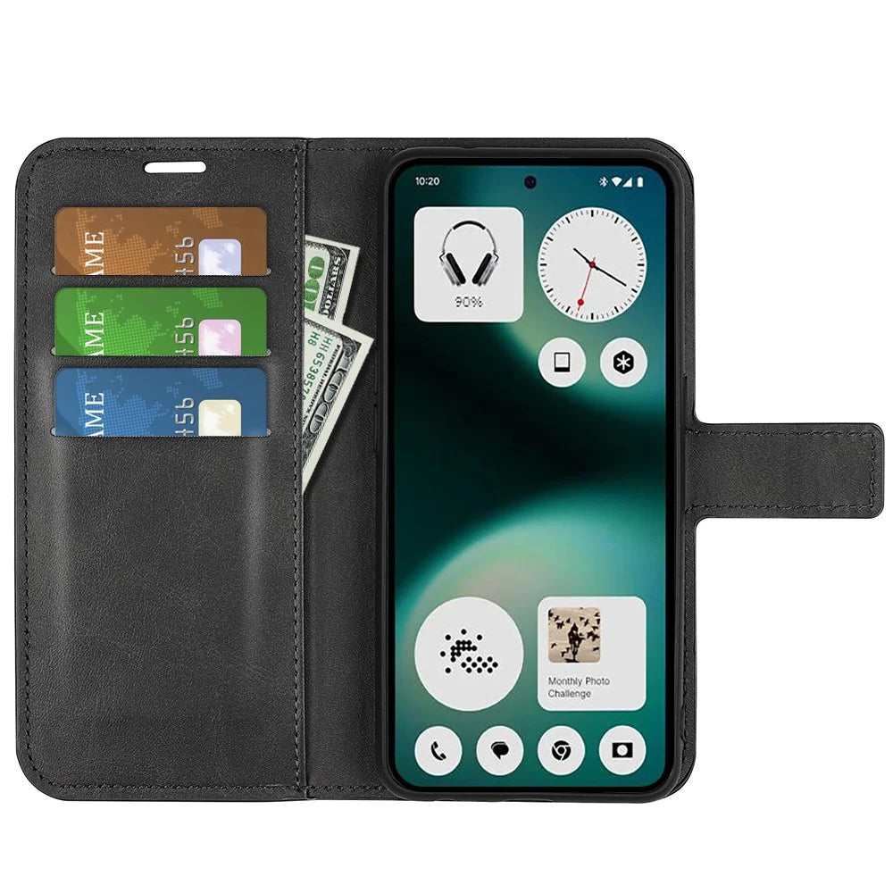 For Nothing Phone (3a) Lite 5G Stand Case Anti-Scratch Calf Texture Leather Phone Cover - Black - 2