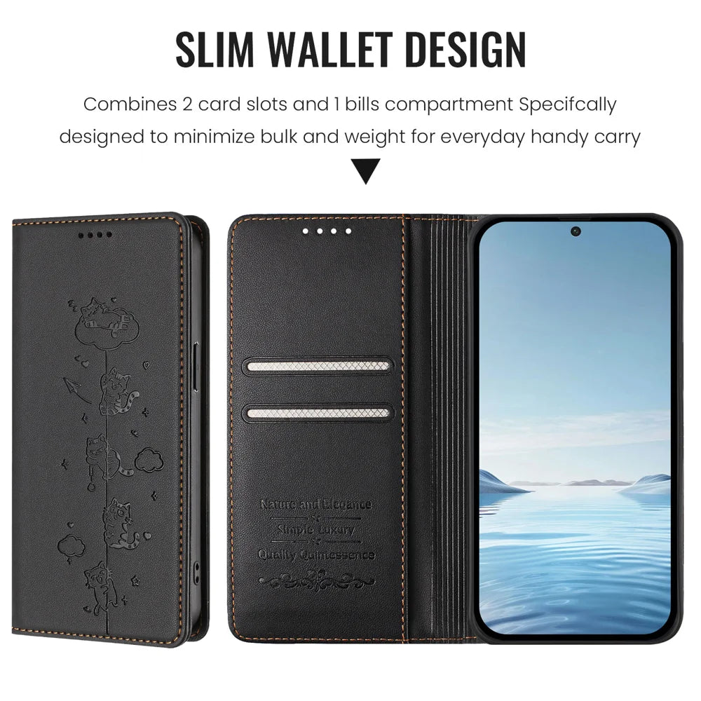 For Samsung Galaxy A55 5G Case RFID Blocking Wallet Stand Imprinted Cat Pattern Leather Phone Cover - Black - 6
