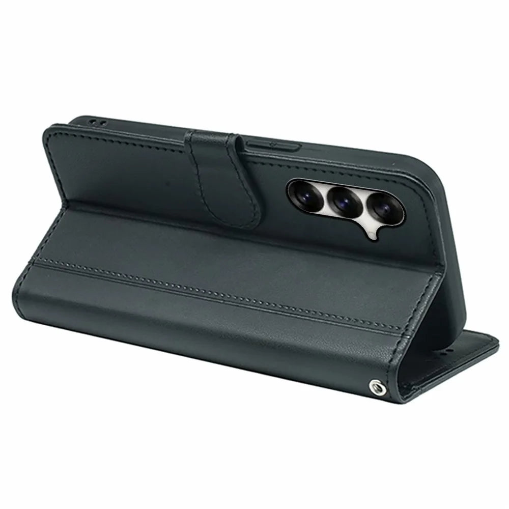 For Samsung Galaxy S26+ Wallet Case Magnetic Snap Leather Phone Cover with Strap - Black - 4
