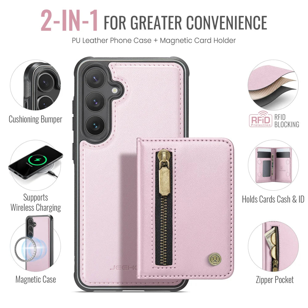 JEEHOOD For Samsung Galaxy S26 Case  J12 Magnetic Detachable Zipper Wallet Kickstand Leather Back Cover Compatible with MagSafe - Pink - 2
