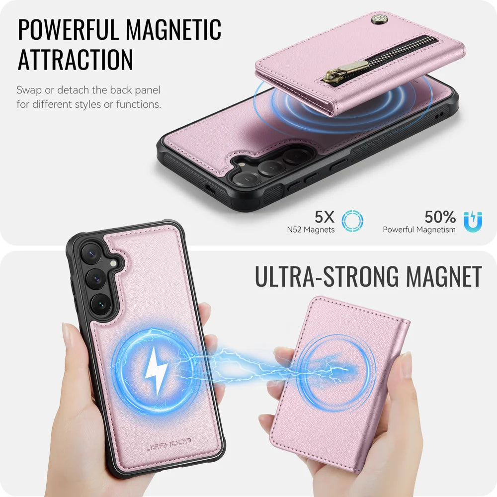 JEEHOOD For Samsung Galaxy S26 Case  J12 Magnetic Detachable Zipper Wallet Kickstand Leather Back Cover Compatible with MagSafe - Pink - 3