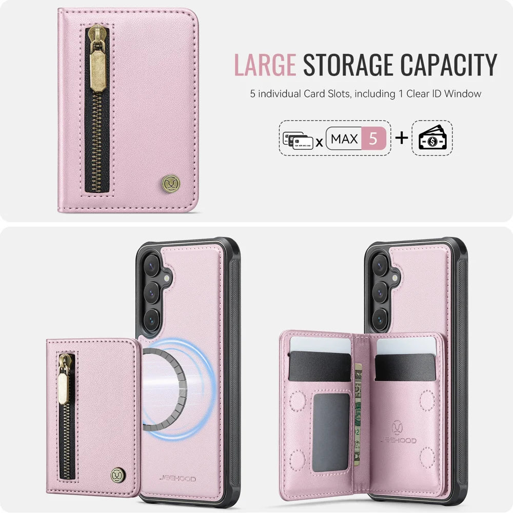 JEEHOOD For Samsung Galaxy S26 Case  J12 Magnetic Detachable Zipper Wallet Kickstand Leather Back Cover Compatible with MagSafe - Pink - 5