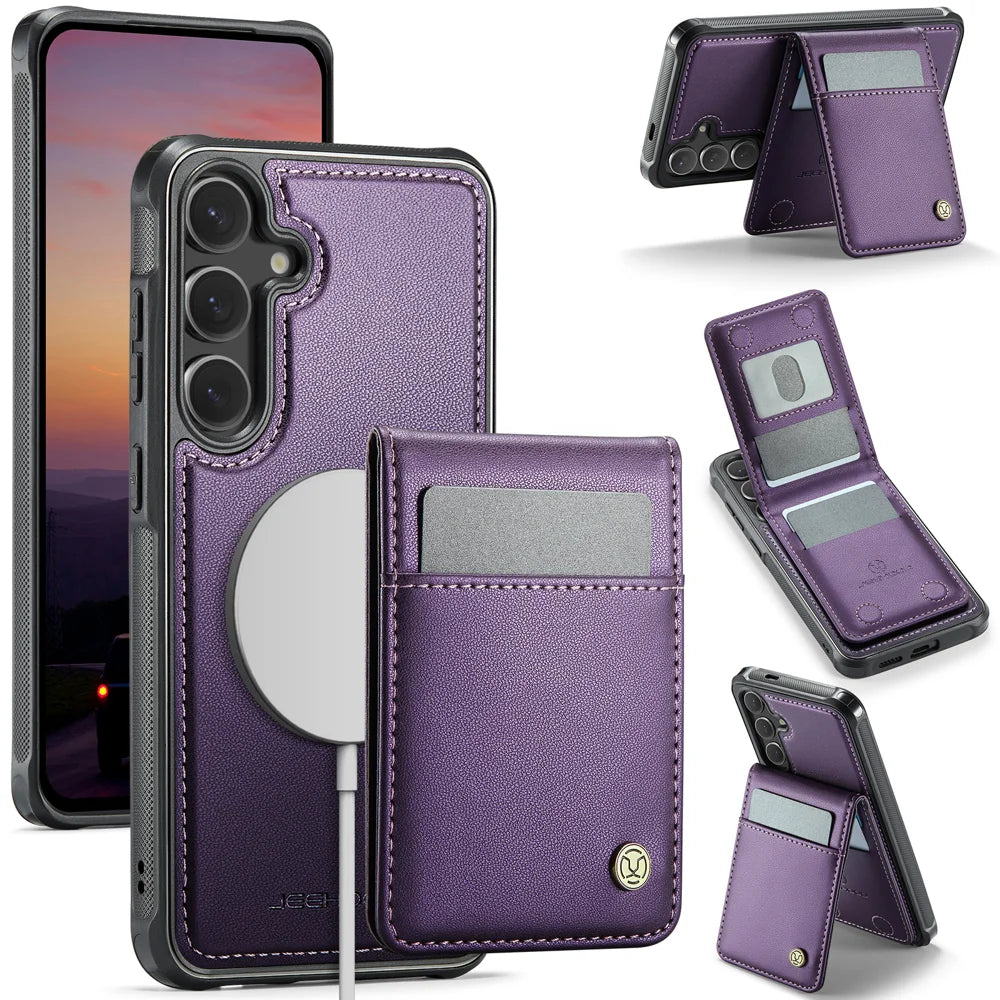 JEEHOOD For Samsung Galaxy S26+ Leather Back Cover  J06 Magnetic Phone Case with Card Bag RFID Blocking - Purple - 1