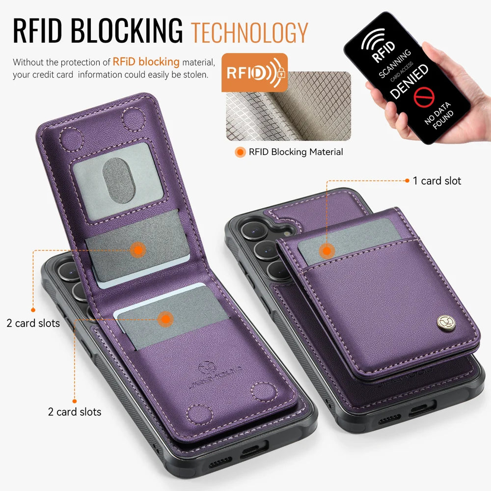 JEEHOOD For Samsung Galaxy S26+ Leather Back Cover  J06 Magnetic Phone Case with Card Bag RFID Blocking - Purple - 4