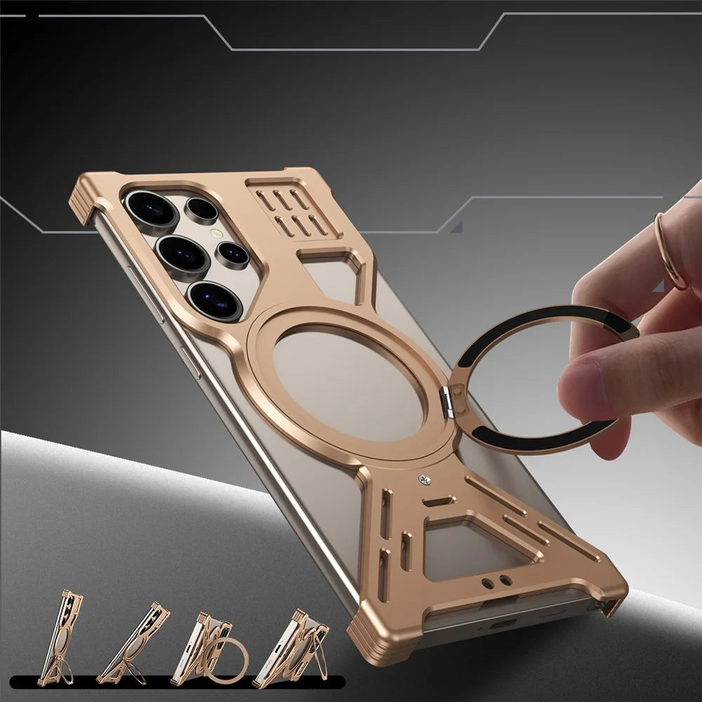 For Samsung Galaxy S23 Ultra Magnetic Bumper Case Rotating Kickstand Metal Phone Cover - Desert Gold - 4