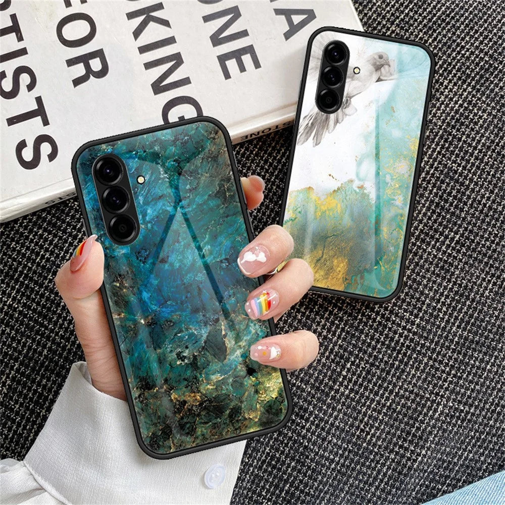 For Samsung Galaxy A57 5G Case Marble Pattern Tempered Glass + PC + TPU Protective Phone Cover - Emerald Marble - 4