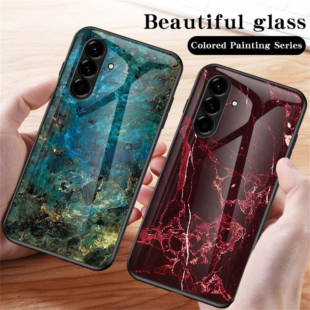 For Samsung Galaxy A57 5G Case Marble Pattern Tempered Glass + PC + TPU Protective Phone Cover - Emerald Marble - 6