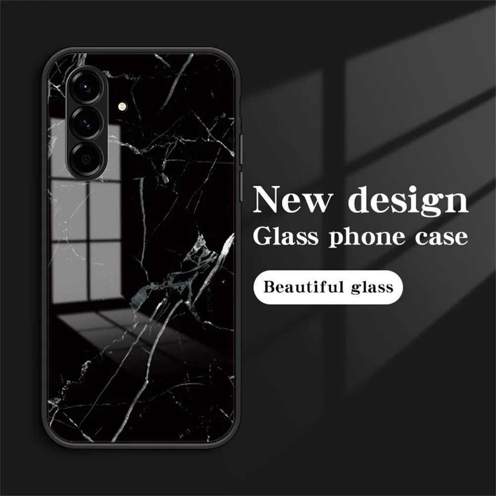For Samsung Galaxy A27 5G Case Marble Pattern Tempered Glass + PC + TPU Protective Phone Cover - Black Marble - 2