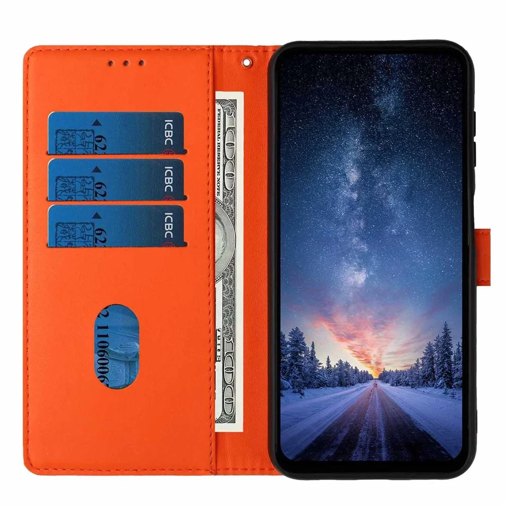 For Samsung Galaxy A55 5G Stand Case Tree-and-Cat Pattern PU Leather Wallet Protective Phone Cover with Wrist Strap - Orange - 2