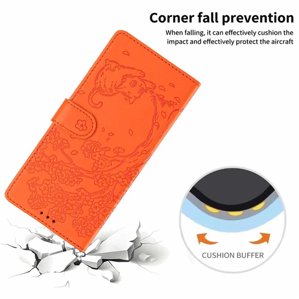 For Samsung Galaxy S25 Stand Case Tree-and-Cat Pattern PU Leather Wallet Protective Phone Cover with Wrist Strap - Orange - 5