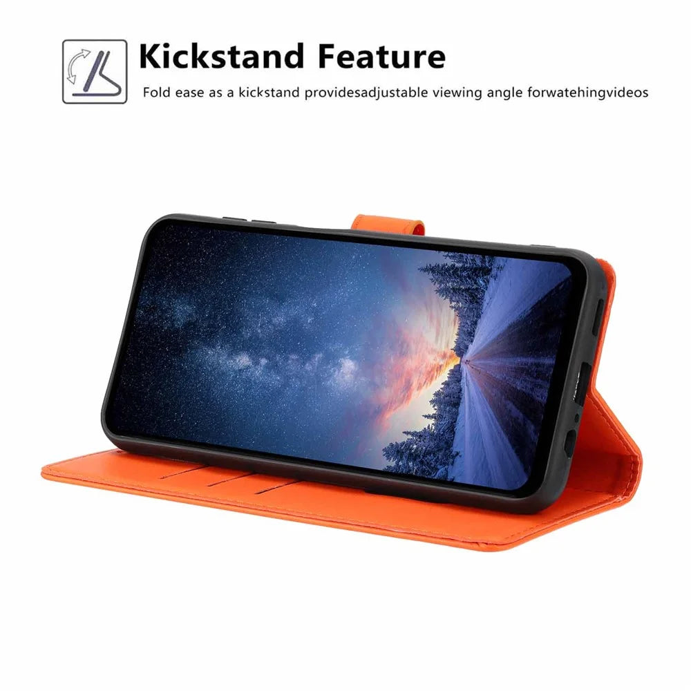 For Samsung Galaxy S25+ Stand Case Tree-and-Cat Pattern PU Leather Wallet Protective Phone Cover with Wrist Strap - Orange - 3
