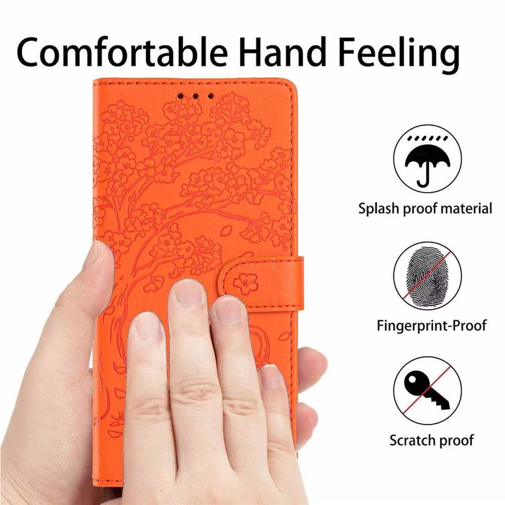 For Samsung Galaxy S25+ Stand Case Tree-and-Cat Pattern PU Leather Wallet Protective Phone Cover with Wrist Strap - Orange - 6