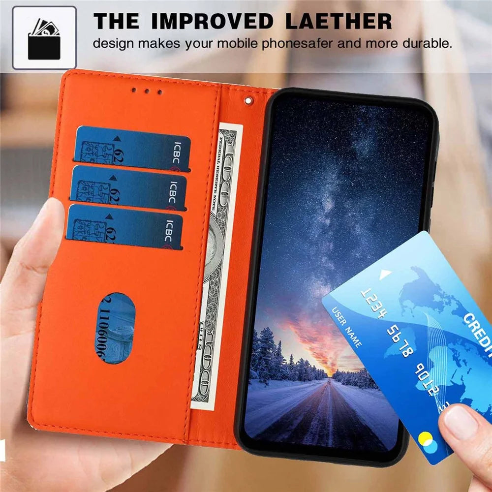 For Samsung Galaxy S25+ Stand Case Tree-and-Cat Pattern PU Leather Wallet Protective Phone Cover with Wrist Strap - Orange - 7